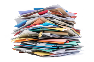 Large messy pile of colorful paper documents and folders with a metal clip isolated on transparent background