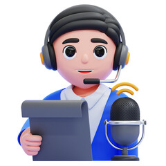 PNG 3D Podcaster with Headset, Script, and Microphone Illustration Isolated on a White Background