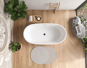 Minimalist Bathroom with Oval Bathtub and Natural Tones &ndash; 3D Rendering