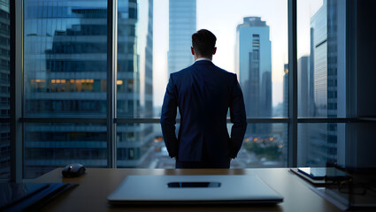 A businessman in a suit gazes out the window at the cityscape, reflecting on success and opportunity in the modern office.