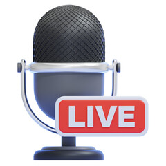 PNG 3D Vintage Microphone with "Live" On Air Sign Icon Isolated on a White Background