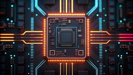 Fototapeta premium Close up of a futuristic computer processor with glowing neon circuit board lines