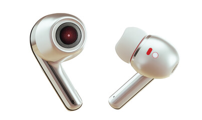 Futuristic Chrome Wireless Earbuds with AI Eye Sensor