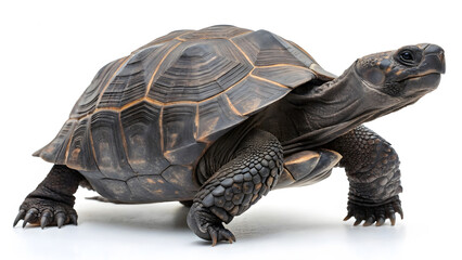 Obraz premium A cute wild turtle with a shell slowly crawling on a white background