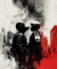 Set against an urban backdrop, this illustration captures a moment of standoff between a protester and a police officer. It highlights themes of conflict, accountability, rights, and civic power.