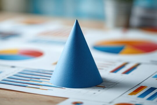 Blue paper cone positioned on a collection of detailed graphs and charts representing analytical data in a bright workspace