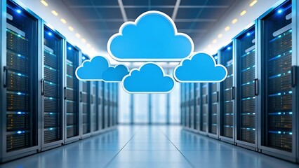 Blue cloud icons floating above a modern server room data center