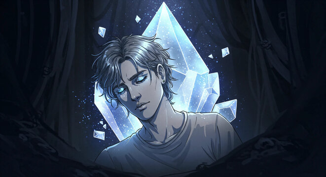 Man Exploring a Cave of Shimmering and Mystical Crystals