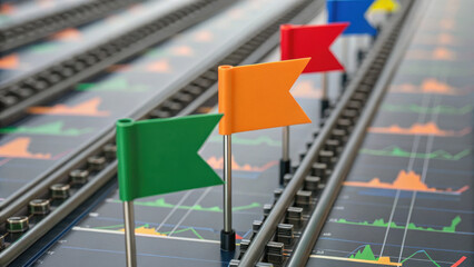 Colorful flags on financial chart symbolize risk analysis, with graphs and data lines in background, highlighting market trends and investment strategies