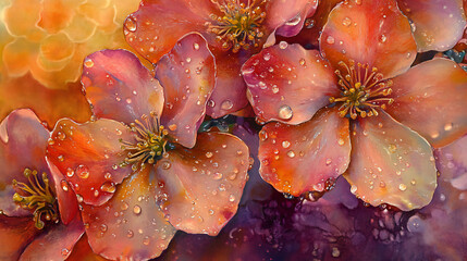 Floral Watercolor Art with Dew Drops on Petals Artistic Botanical Design