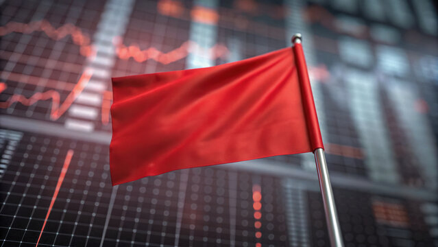 Vibrant red flag waves against digital background with glitch effects, symbolizing caution or warning. high fidelity image captures flag texture and movement vividly