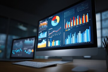 Insights into business analytics with charts and graphs displayed on modern screens in a professional office setting at night