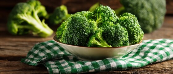 The fresh green broccoli displayed in a rustic bowl on a wooden table.