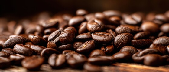 The close-up view of fresh roasted coffee beans on wooden surface.