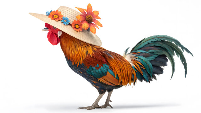 Rooster Standing Alone with hat on White Background