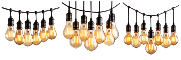 Set Of Realistic Hanging Light Bulb Garland with Soft Glow, Transparent Background