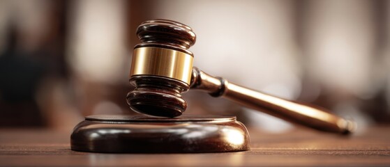 The gavel resting on the sound block in a courtroom setting.
