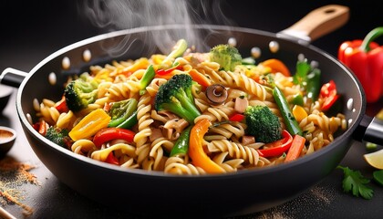 delicious pasta tossed with colorful vegetables in a wok a vibrant food image