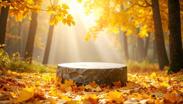A rustic product display scene on a tree stump in a golden autumn forest with sunbeams. Generated image