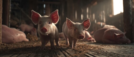 The playful piglets exploring their cozy barn environment in golden light.