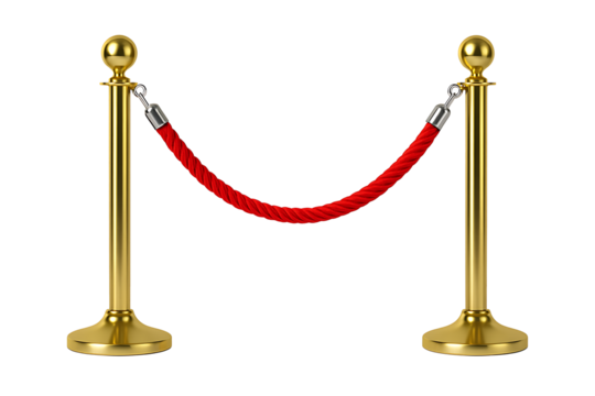 Red velvet rope barrier with gold stanchions isolated on transparent background