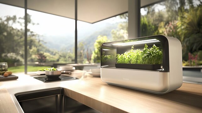 Modern Kitchen Indoor Herb Garden with Fresh Green Sprouts and Natural Light