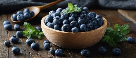 The vibrant bowl of fresh blueberries garnished with mint leaves.