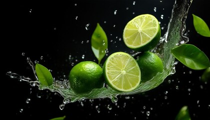 fresh limes falling on black background studio shot with water droplets and green leaves for healthy food concept