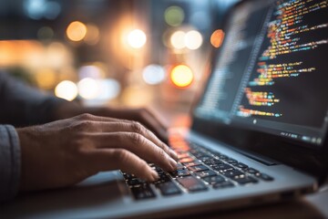 Programmer typing code on laptop in a modern workspace during evening hours