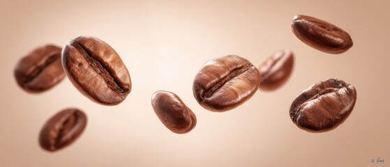 The floating coffee beans showcasing rich textures and inviting aroma.