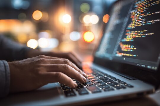 Programmer typing code on laptop in a modern workspace during evening hours
