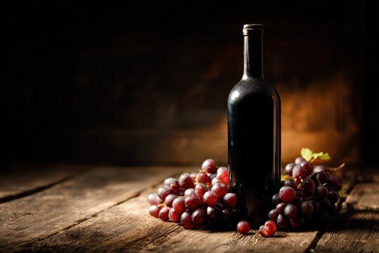 Dark glass wine bottle surrounded by ripe red grapes on rustic wooden surface in a dimly lit environment showcasing elegance and simplicity - Powered by Adobe