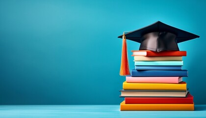 stack of colorful books with a graduation cap on top against a blue background