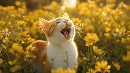 Cute Orange and White Kitten Yawning in a Field of Yellow Flowers