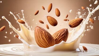 splash of almond milk with flying whole almonds on a beige background