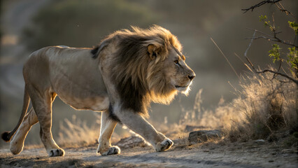 Lion walking in the wild grassy landscape