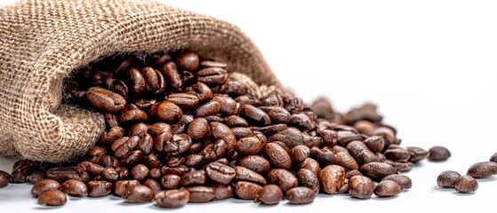 The burlap sack spilling roasted coffee beans on a white background.