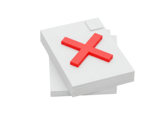 Isolated Stack of Paper Documents with a Red X Symbol Marking Rejection