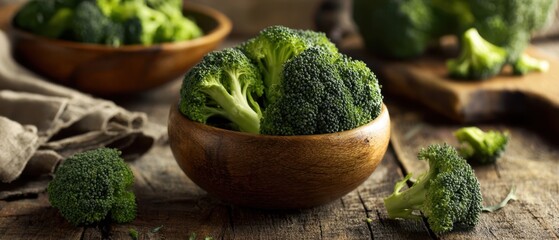The Fresh Broccoli Displayed in a Rustic Wooden Bowl on a Table