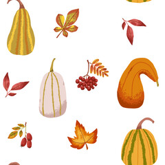 Fall autumn seamless pattern with pumpkins and yellow  leaves in flat style