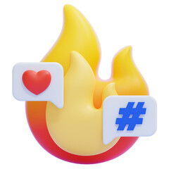 PNG 3D Trending Topic Flame with Heart and Hashtag Icon Isolated on a White Background