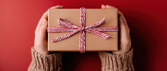 The beautifully wrapped gift held in cozy hands against a festive backdrop.