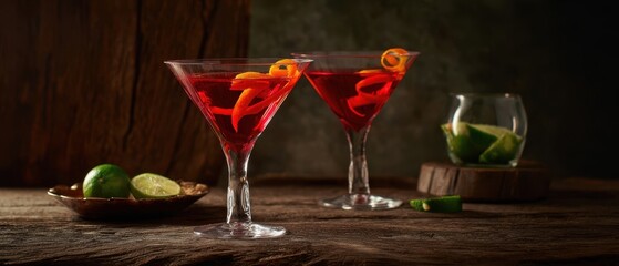 The vibrant cocktails on a rustic wooden table with lime accents.