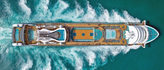 The luxury cruise ship sailing through beautiful ocean waves from an aerial perspective.