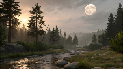 Moonlit night above forested mountains and misty landscape