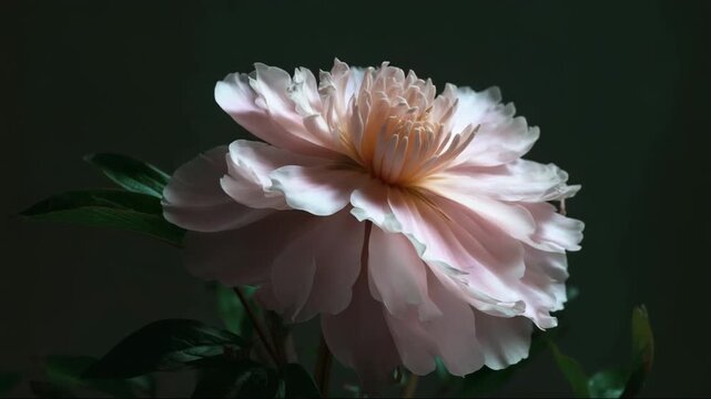 Pink peony flower with soft petals against dark background  