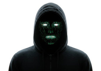 Isolated Hacker with a Glowing Digital Mask in a Dark Hoodie