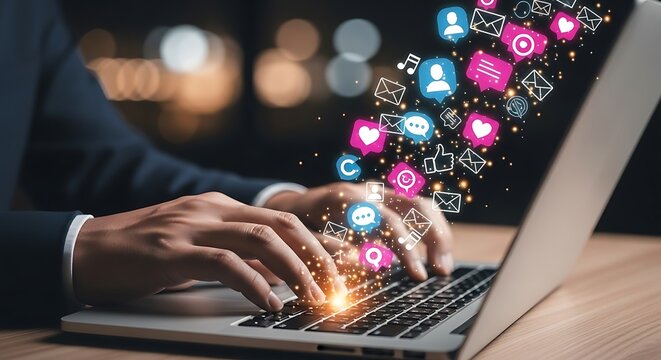 Person working on a laptop with social media icons