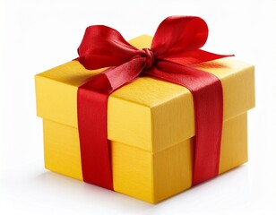 isolated yellow gift box with red ribbon