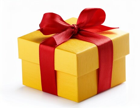 isolated yellow gift box with red ribbon